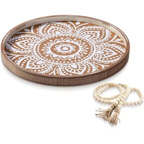 13 inch Round Decorative Tray with Wooden Beads Garland, Farmhouse Coffee Table Tray, Wood Decorative Serving Tray for Coffee Table Decor Home Kitchen Counter Decor