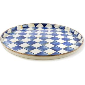 MACKENZIE-CHILDS Enamel Round Tray, Unique Serving Platter for Food and Drinks, Blue-and-White Royal Check