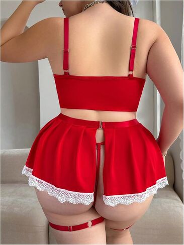 WDIRARA Women's Plus Size 5 Piece Color Block Lace Trim Tie Front Lingerie Set with Skirts in Saudi Arabia