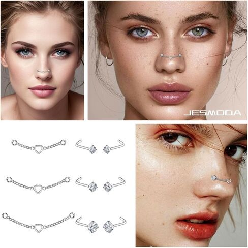 20G أنف حلقات الأنف سلسلة من الفولاذ المقاوم للصدأ تشيك تريسيت أنف ترصيع ثقب على أنف l على شكل قلب على شكل قلب ثقب السلسلة خارقة خارقة للنساء الرجال in Kuwait