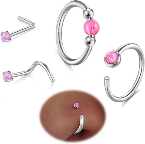 AVYRING Opal Nose Rings Hoops Set - 18g & 20g Nose Piercing Jewelry Surgical Steel Silver Nose Studs L Shaped Screw White Opal in Saudi Arabia
