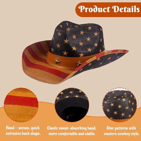 Evankin American Flag Hat, USA Western Cowboy Hat on July 4th, Straw Weaving Star,Summer Sunhat for Men and Women in Saudi Arabia
