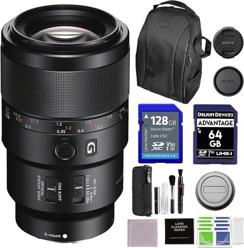 مجموعة عدسات سوني FE 90 ملم F2.8-22 Macro G OSS (SEL90M28G) مع حقيبة ظهر، بطاقة ذاكرة 128 جيجا بايت و64 جيجا بايت، حامل ثلاثي مرن، المزيد in Kuwait
