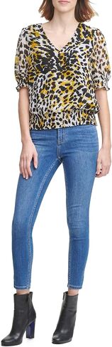 Calvin Klein Women's Printed Short Sleeve V Neck Blouse with Smocking in Saudi Arabia