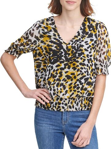 Calvin Klein Women's Printed Short Sleeve V Neck Blouse with Smocking in Saudi Arabia