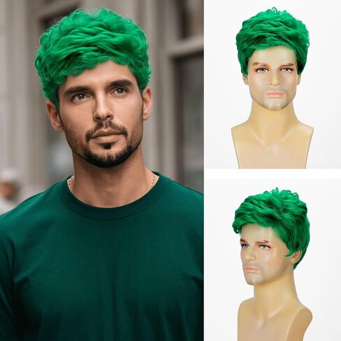 DDHAIR Short Green Wig Men, Natural Wavy Textured Synthetic Heat Resistant Hair for Mens Cosplay Halloween (Green) in Saudi Arabia