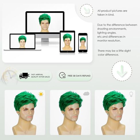 DDHAIR Short Green Wig Men, Natural Wavy Textured Synthetic Heat Resistant Hair for Mens Cosplay Halloween (Green) in Saudi Arabia