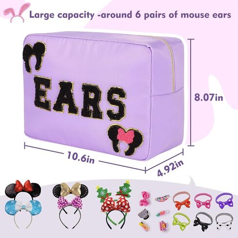 Mouse Ears Bag Travel Case Hair Accessories Organizer Bow Mouse Ears Headbands Holder Storage Nylon Large Chenille Letter Makeup Bag Park Travel Essentials Gifts for Women in Saudi Arabia