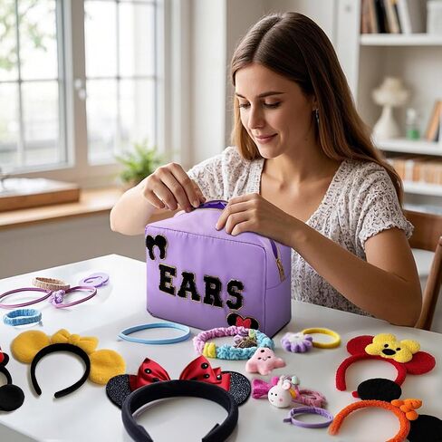 Mouse Ears Bag Travel Case Hair Accessories Organizer Bow Mouse Ears Headbands Holder Storage Nylon Large Chenille Letter Makeup Bag Park Travel Essentials Gifts for Women in Saudi Arabia