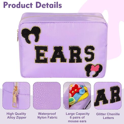 Mouse Ears Bag Travel Case Hair Accessories Organizer Bow Mouse Ears Headbands Holder Storage Nylon Large Chenille Letter Makeup Bag Park Travel Essentials Gifts for Women in Saudi Arabia