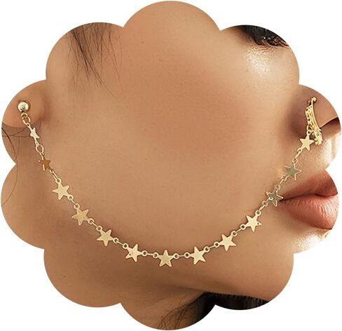 Punk Nose Ring to Ear Non Piercing Tiny Star Fake Nose Ring Dainty Dangle Nose Ring with Chain Bling Nose Chain Face Jewelry for Women in Saudi Arabia