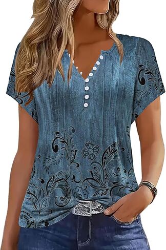 Soesdemo Short Sleeve Shirts for Women V Neck Button Down Floral Soft Boho Womens Blouses Casual Loose Fit Peasant Blouse in Saudi Arabia