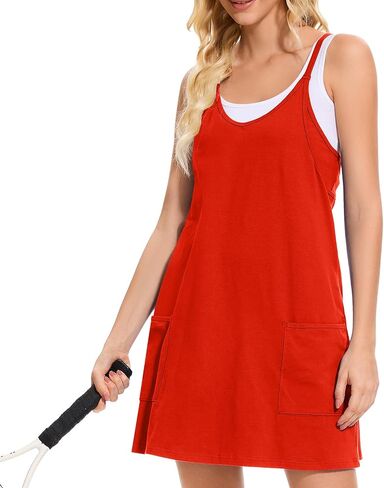 Women Tennis Workout Romper Mini Dress Summer Sleeveless Spaghetti Strap Athletic Sports Dress with Shorts in Saudi Arabia