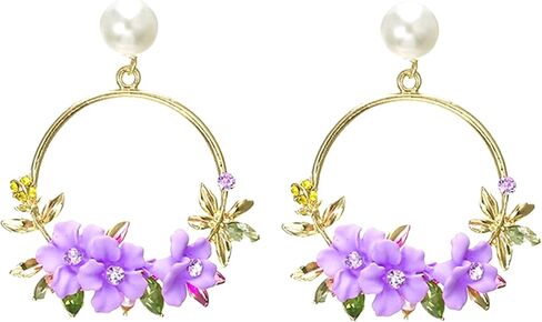 Lakiyoyo Pink Flower Flower أقراط للنساء اللطيفات اللؤلؤة الدائرية للأقراط الخيالية البيان الصيفي المنعش الساحلي الأقراط in Kuwait