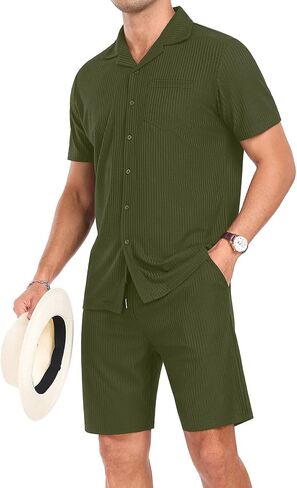 PrinStory Mens Short Sleeve Outfits 2 Piece Summer Beach Button Down Shirts and Shorts Set Tracksuit with Pockets in Saudi Arabia