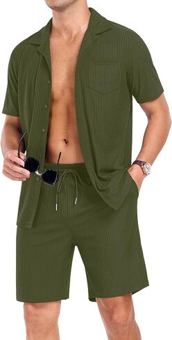 PrinStory Mens Short Sleeve Outfits 2 Piece Summer Beach Button Down Shirts and Shorts Set Tracksuit with Pockets in Saudi Arabia