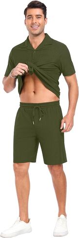 PrinStory Mens Short Sleeve Outfits 2 Piece Summer Beach Button Down Shirts and Shorts Set Tracksuit with Pockets in Saudi Arabia