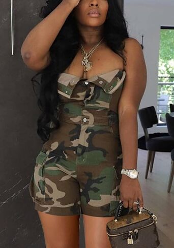 Tbahhir Denim Jumpsuit for Women Sexy Sleeveless Cargo Shorts Jean Rompers Button Down One Piece Outfit with Pockets in Saudi Arabia