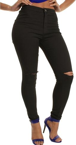Andongnywell Women's Oversized Stretch Knee Ripped Jeans Mid Waist Knee Skinny Distressed Boyfriend Denim Pants in Kuwait