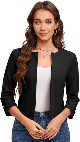 BLUEMING Women’s Open Front Crop Blazer 3/4 Ruched Sleeve Slim Fit Solid Jacket Lightweight Cardigan in Saudi Arabia