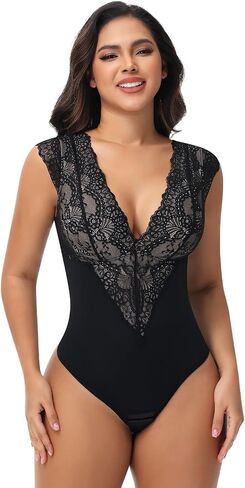 SHAPERIN Sexy Lace Bodysuit for Women Tummy Control Thong Shapewear Deep V Neck Body Suits Corset Tops Going Out Tank Top in Saudi Arabia