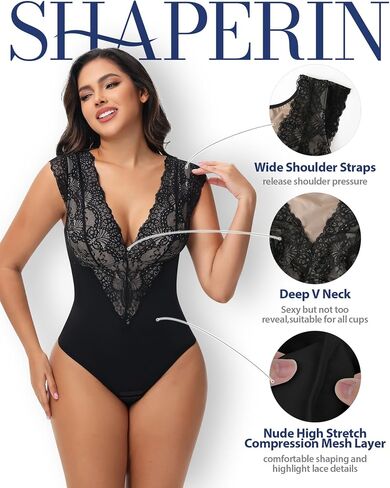 SHAPERIN Sexy Lace Bodysuit for Women Tummy Control Thong Shapewear Deep V Neck Body Suits Corset Tops Going Out Tank Top in Saudi Arabia