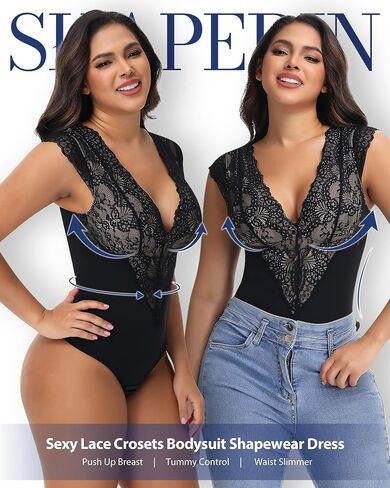 SHAPERIN Sexy Lace Bodysuit for Women Tummy Control Thong Shapewear Deep V Neck Body Suits Corset Tops Going Out Tank Top in Saudi Arabia