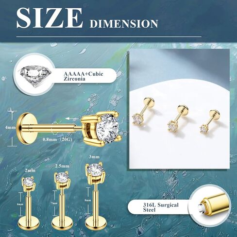 MILACOLATO 20G Threadless Flat Back Earrings Studs Hypoallergenic 316L Surgical Steel Push in Nose Rings 14K Gold Plated Nose Rings Studs Tragus Medusa Monroe Helix Labret Lip Nostril Cartilage Piercing Jewelry in Saudi Arabia