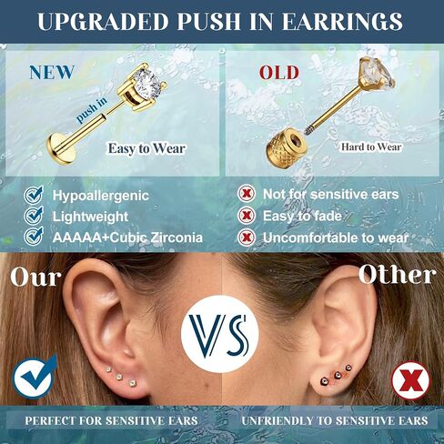 MILACOLATO 20G Threadless Flat Back Earrings Studs Hypoallergenic 316L Surgical Steel Push in Nose Rings 14K Gold Plated Nose Rings Studs Tragus Medusa Monroe Helix Labret Lip Nostril Cartilage Piercing Jewelry in Saudi Arabia