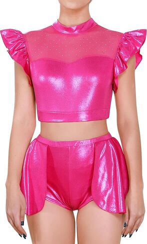 AFAVOM Women Metallic Dance Dress Ruffle Mesh Crop Top with Dance Shorts Adult Shiny Diamond Trapeze Artist Acrobat Costume in Saudi Arabia
