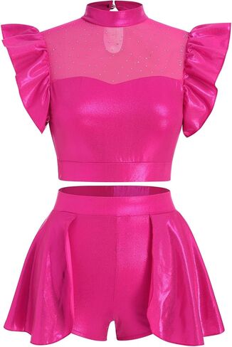 AFAVOM Women Metallic Dance Dress Ruffle Mesh Crop Top with Dance Shorts Adult Shiny Diamond Trapeze Artist Acrobat Costume in Saudi Arabia