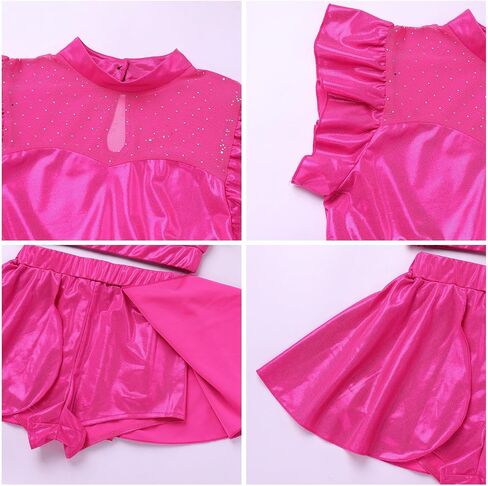 AFAVOM Women Metallic Dance Dress Ruffle Mesh Crop Top with Dance Shorts Adult Shiny Diamond Trapeze Artist Acrobat Costume in Saudi Arabia