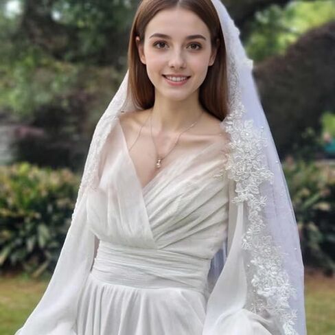 Wedding Veil Pearls Lace Flower Bridal Veil,1 Tier Cathedral Length Fingertip Length Veil Bride Veil with Metal Comb in Kuwait