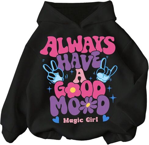 Girl's Letter Graphic Hoodie Long Sleeve Hooded Neck Drop Shoulder Loose Sweatshirts Fall Tops in Saudi Arabia
