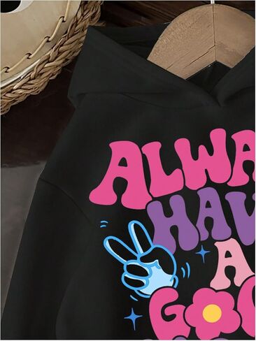 Girl's Letter Graphic Hoodie Long Sleeve Hooded Neck Drop Shoulder Loose Sweatshirts Fall Tops in Saudi Arabia