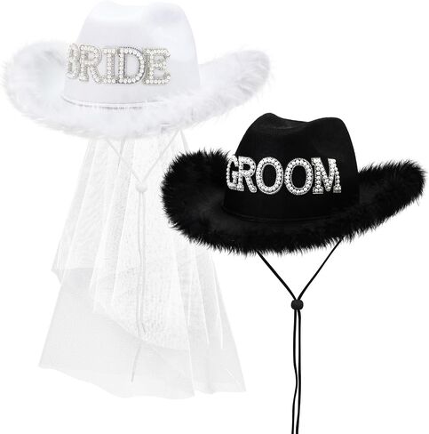 Geyoga 2 Pcs Bride Cowgirl Hat with Veil Feathers Black Groom Cowboy Hats for Wedding Bridal Shower Decor Gifts in Saudi Arabia