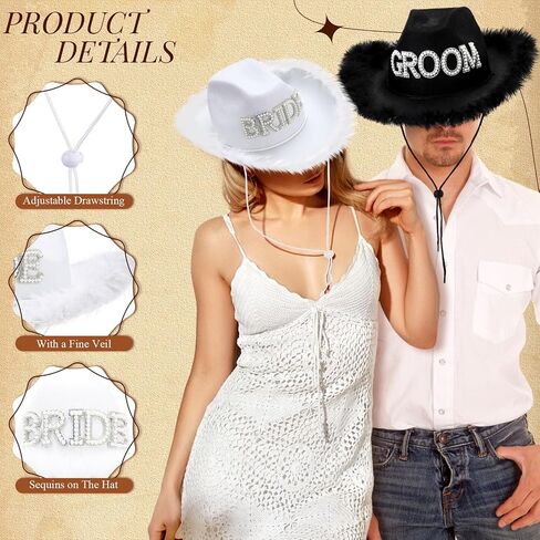 Geyoga 2 Pcs Bride Cowgirl Hat with Veil Feathers Black Groom Cowboy Hats for Wedding Bridal Shower Decor Gifts in Saudi Arabia