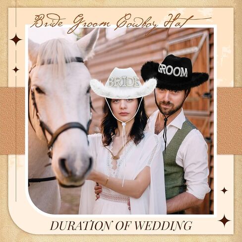Geyoga 2 Pcs Bride Cowgirl Hat with Veil Feathers Black Groom Cowboy Hats for Wedding Bridal Shower Decor Gifts in Saudi Arabia