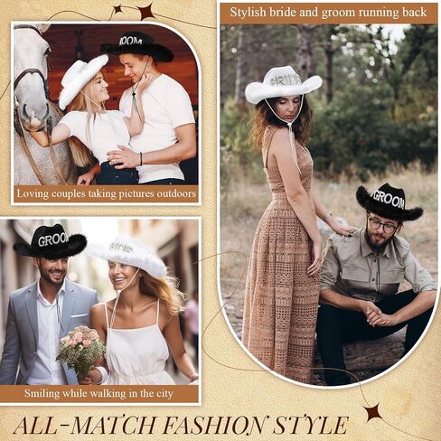 Geyoga 2 Pcs Bride Cowgirl Hat with Veil Feathers Black Groom Cowboy Hats for Wedding Bridal Shower Decor Gifts in Saudi Arabia