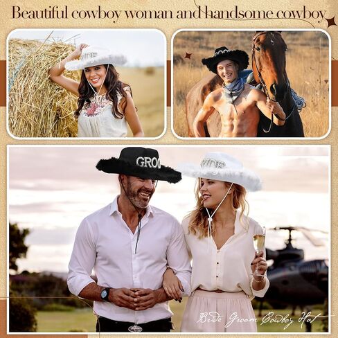 Geyoga 2 Pcs Bride Cowgirl Hat with Veil Feathers Black Groom Cowboy Hats for Wedding Bridal Shower Decor Gifts in Saudi Arabia