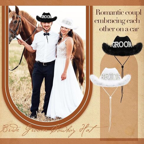 Geyoga 2 Pcs Bride Cowgirl Hat with Veil Feathers Black Groom Cowboy Hats for Wedding Bridal Shower Decor Gifts in Saudi Arabia