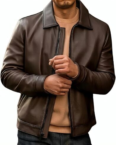Mens Shirt Collar Genuine Real Lambskin Leather Jacket For Men Vintage Classic Biker Style with Zip Out Liner in Kuwait