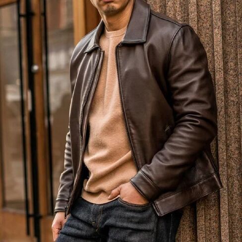 Mens Shirt Collar Genuine Real Lambskin Leather Jacket For Men Vintage Classic Biker Style with Zip Out Liner in Kuwait