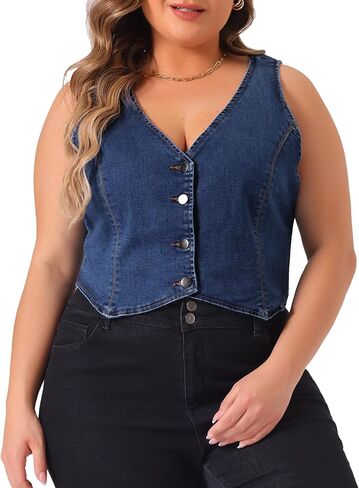 Agnes Orinda Plus Size Denim Vest for Women Sleeveless V Neck Button Down Casual Jean Waistcoat Jacket in Saudi Arabia