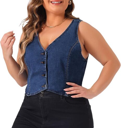 Agnes Orinda Plus Size Denim Vest for Women Sleeveless V Neck Button Down Casual Jean Waistcoat Jacket in Saudi Arabia