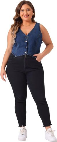 Agnes Orinda Plus Size Denim Vest for Women Sleeveless V Neck Button Down Casual Jean Waistcoat Jacket in Saudi Arabia