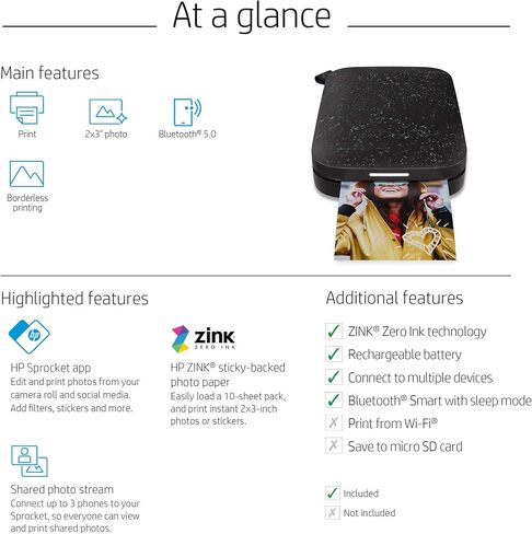 HP Sprocket Portable 2x3 Instant Photo Color Printer (Black Noir) Zink Paper Bundle in Saudi Arabia