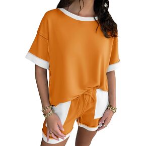 Fisoew Womens Summer 2 Piece Outfits Sweatsuits Oversized Sweatshirt Shorts Casual Color Block Lounge Set Short Sets
