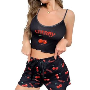 Women's Cherry Graphic Pajama Tops Spaghetti Strap Sleep Crop Cami Top Lettuce Trim Nightwear