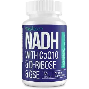 NADH 50mg + CoQ10 200mg + D-Ribose 150mg Supplement, Boosting NAD+ Supplements for Immune System, Cellular Energy, Focus, Reduced Nicotinamide Adenine Dinucleotide, 120 Veggie Capsules